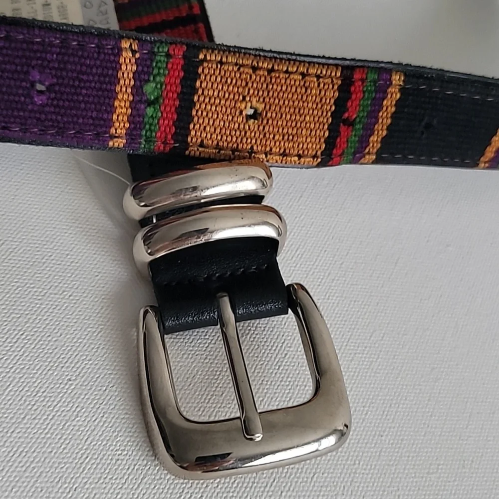 Vintage Multicolor Woven Stripe Belt with Black Leather Backing